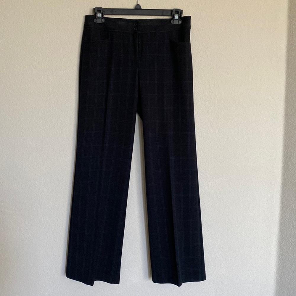 Black dress slacks. Windowpane pattern with grey and faint red line.